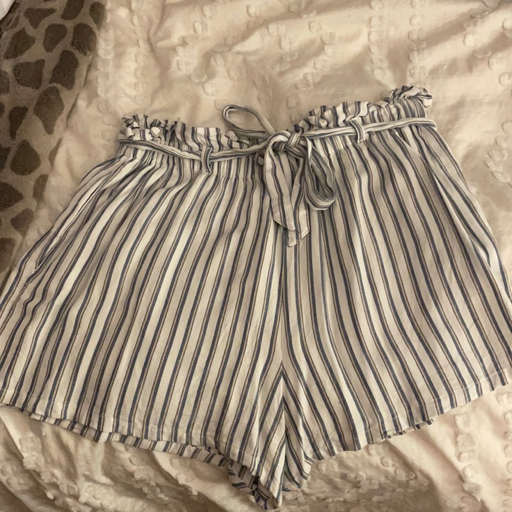 Blue, tan, and white pinstripe shorts
